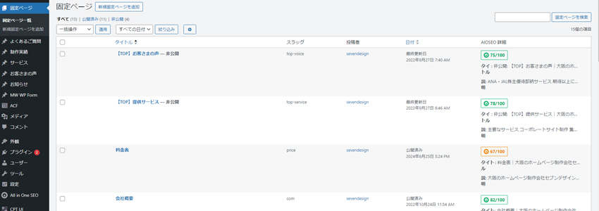 WordPressの管理画面にある固定ページのリスト