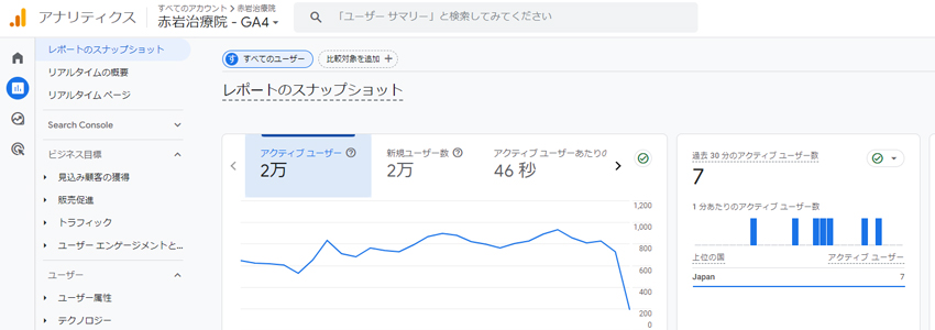 東京の鍼灸治療院のホームページのGoogleアナリティクスのデータ