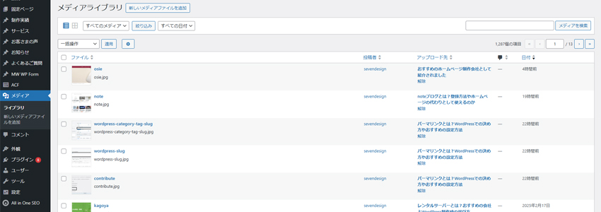 WordPressのメディアライブラリの画面の画像